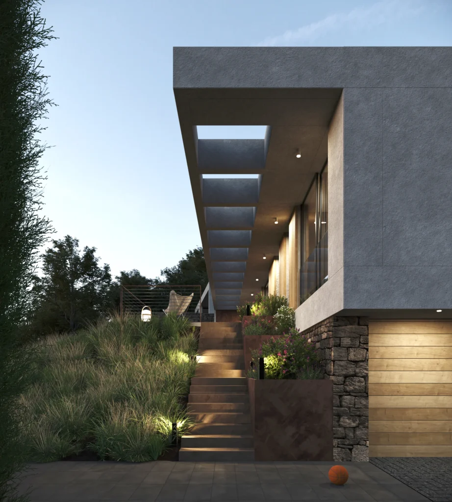 Acceso y escalera exterior de vivienda contemporánea en Barcelona diseñada por Cristina Kamacho