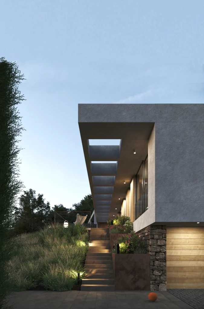 Acceso y escalera exterior de vivienda contemporánea en Barcelona diseñada por Cristina Kamacho